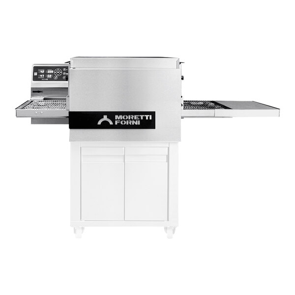 A white Moretti Forni countertop conveyor oven with a black and white conveyor tray inside.