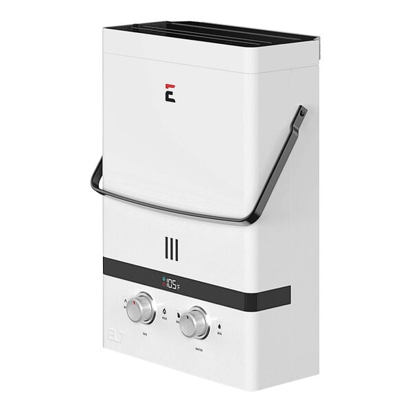 A white rectangular Eccotemp portable outdoor tankless water heater with black knobs and a handle.