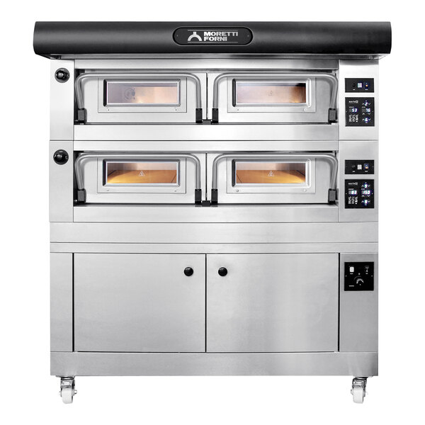 A silver Moretti Forni double deck oven with black doors.