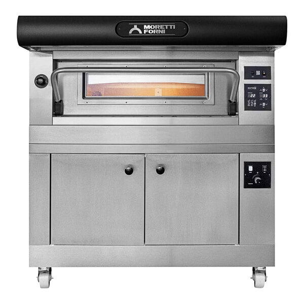 A Moretti Forni stainless steel and black electric single deck pizza oven with a black top.