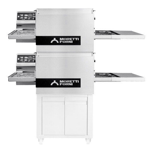 A white Moretti Forni electric countertop conveyor oven with black text on the front.