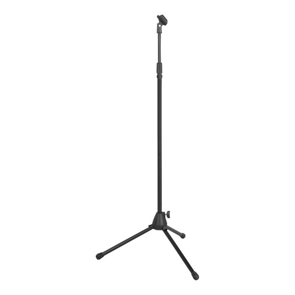 An AmpliVox black floor microphone stand on a white background.
