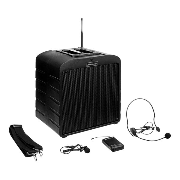 An AmpliVox black rectangular speaker with a wireless microphone and headset.