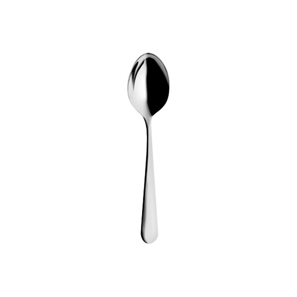A close-up of a Hepp by Bauscher Carlton stainless steel serving spoon with a white handle.