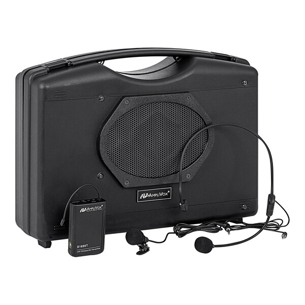A black case with a black AmpliVox Portable Buddy speaker and microphones.