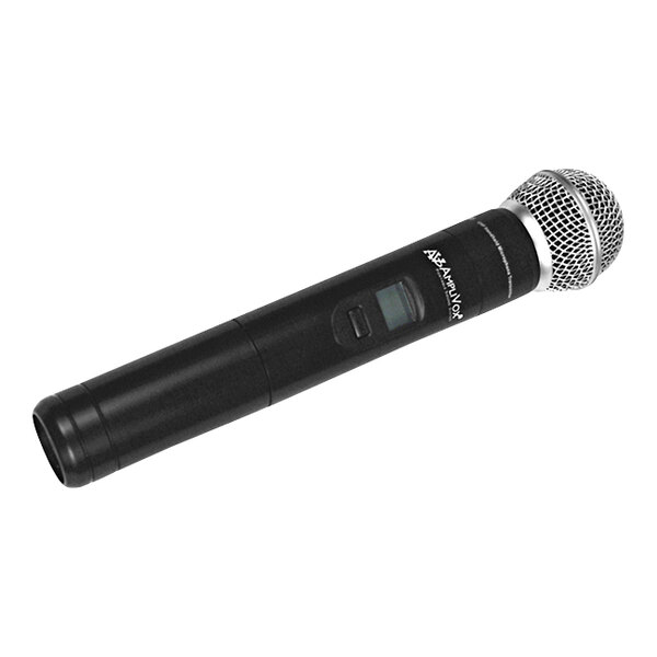 An AmpliVox wireless handheld microphone with a black handle.