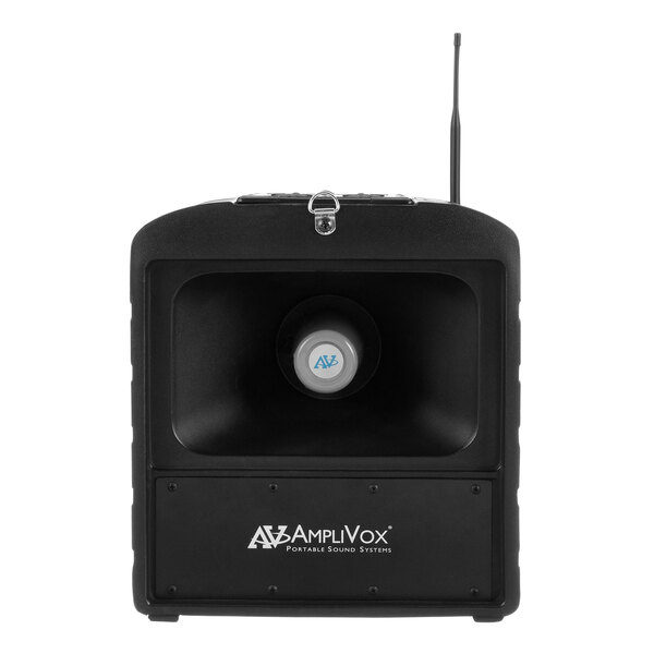 An AmpliVox Companion speaker for a Mega Hailer PA system with a white label.