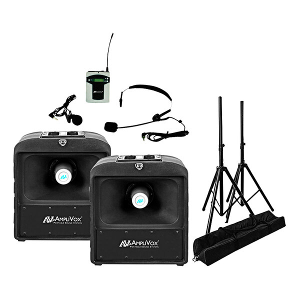 An AmpliVox portable sound system with microphones and tripods.