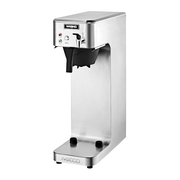 A silver stainless steel Waring airpot coffee brewer with black accents.