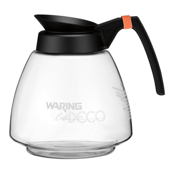 A Waring glass coffee decanter with a black handle.