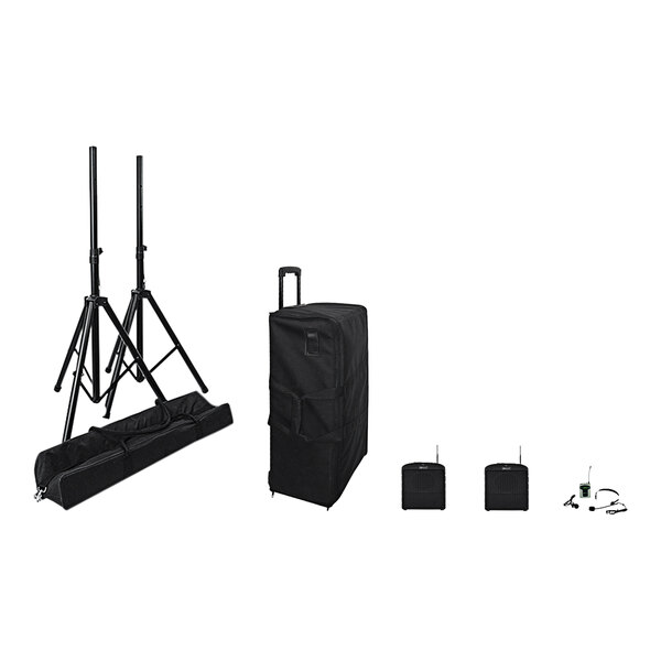 A black bag with the AmpliVox AirVox portable sound system and accessories.