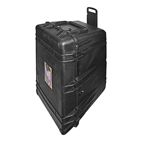 An AmpliVox black plastic Pelican case with wheels and a handle.