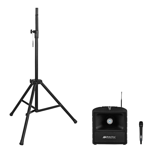 An AmpliVox Basic Mega Hailer speaker on a tripod with a wireless handheld microphone.