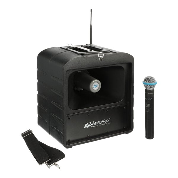 A black AmpliVox Mega Hailer with a wireless microphone and strap.
