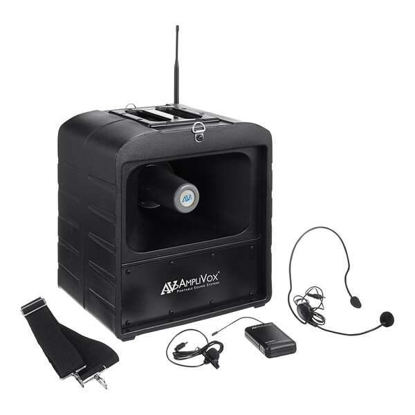 A black AmpliVox Mega Hailer portable sound system with a wireless microphone and headset.