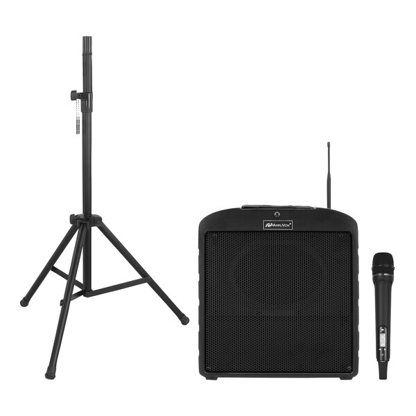 An AmpliVox black portable speaker on a tripod next to a microphone.