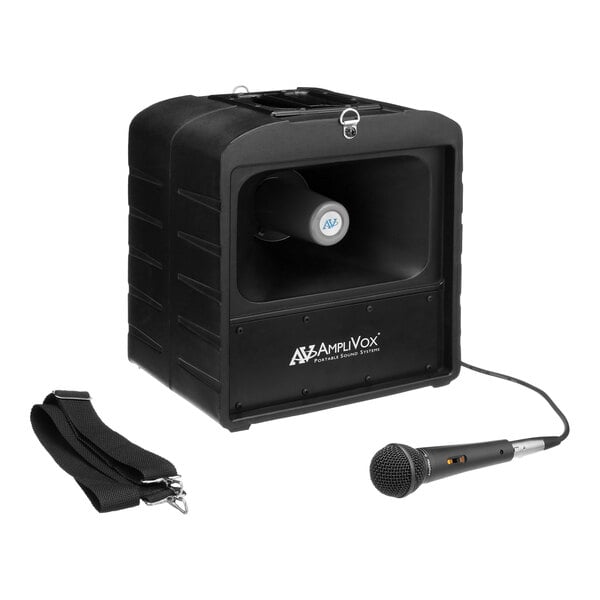 An AmpliVox Mega Hailer portable sound system with a wired handheld microphone.