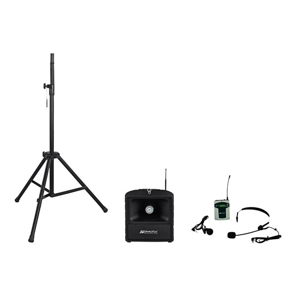 A black AmpliVox speaker on a tripod with a microphone and microphone stand.
