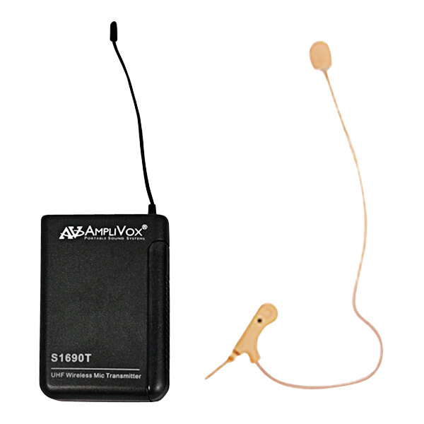 An AmpliVox black wireless microphone and earpiece device.