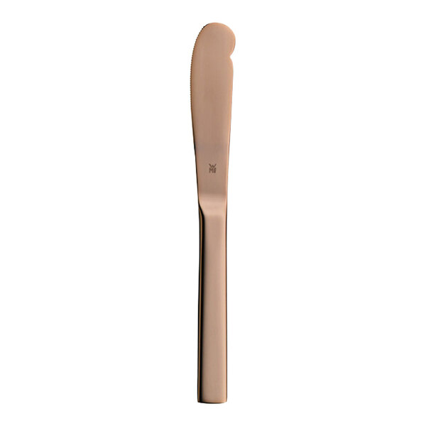 A WMF by BauscherHepp Unic Copper stainless steel butter knife with a wooden handle.