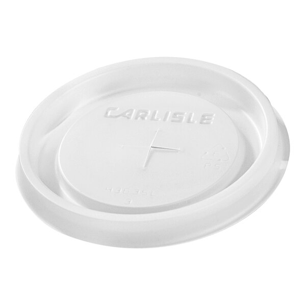 A translucent white plastic lid for Carlisle tumblers with a cross on it.
