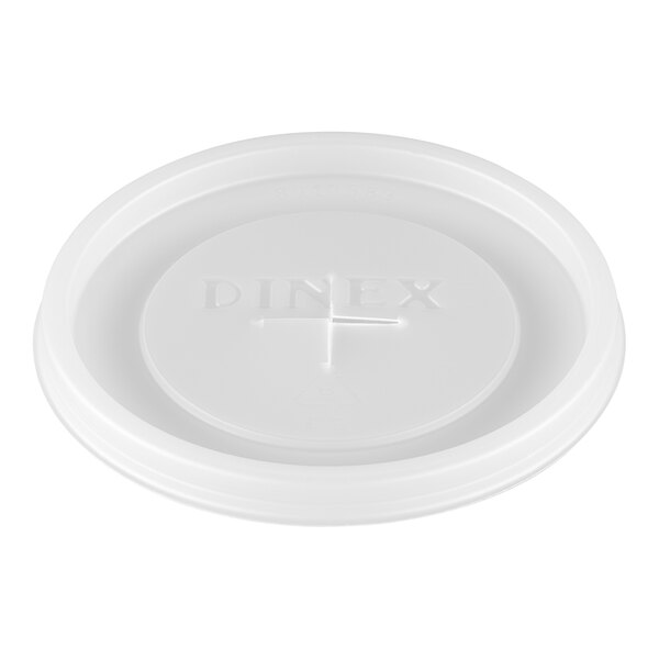 A white plastic Dinex lid with a straw slot.