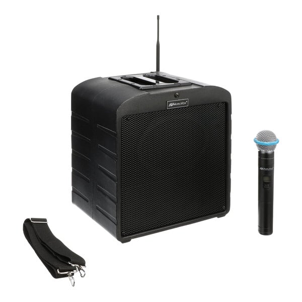 A black AmpliVox AirVox Bluetooth portable speaker with a wireless microphone and remote.