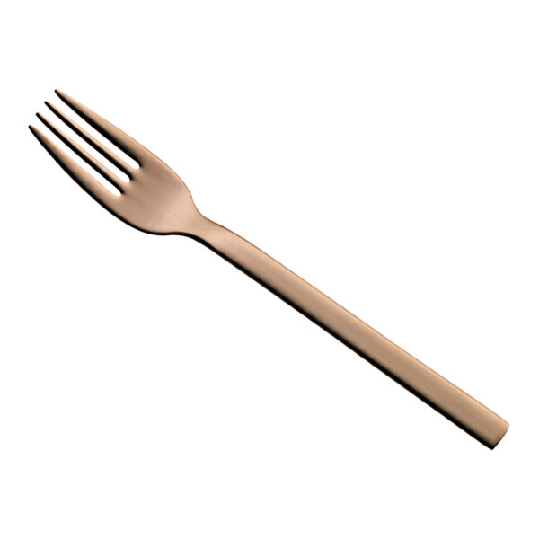 A close-up of a WMF Unic Copper stainless steel cake fork.