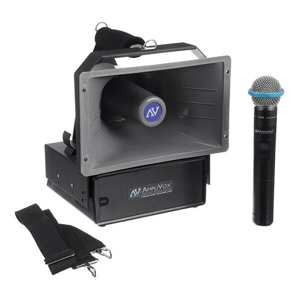 An AmpliVox black wireless outdoor PA system with a microphone and strap.