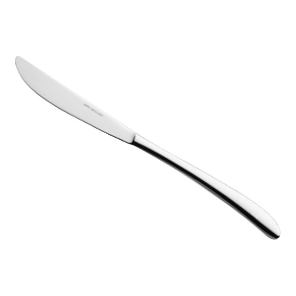 A close-up of a Hepp by Bauscher stainless steel table knife with a white handle.