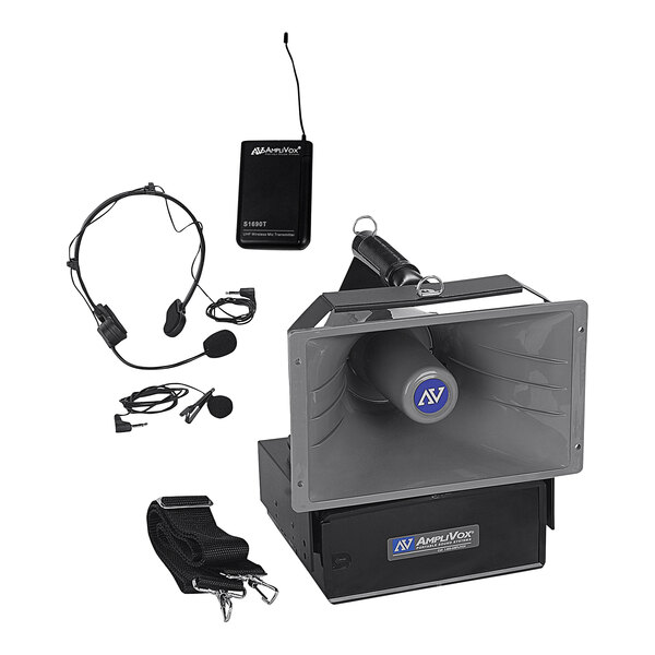 An AmpliVox portable outdoor PA system with a wireless headset and lapel microphone.