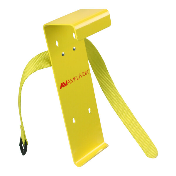 A yellow metal AmpliVox wall bracket for a megaphone.