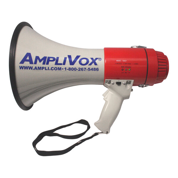 An AmpliVox Mity-Meg battery-operated megaphone with a white body and red accents.