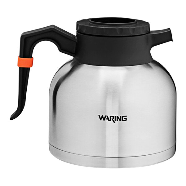 A silver stainless steel Waring coffee carafe with black accents.