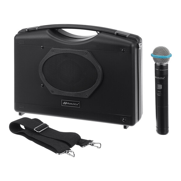 A black case with an AmpliVox Bluetooth Portable Buddy PA System, microphone, and strap.