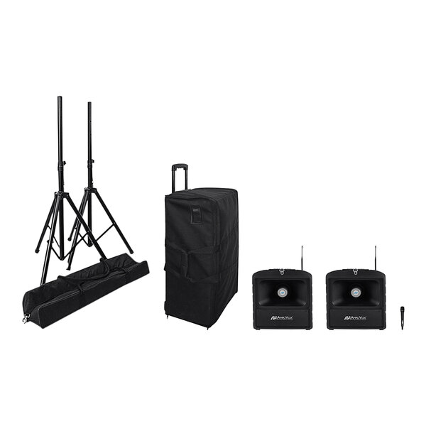 A black AmpliVox bag on a stand with a black AmpliVox speaker inside.