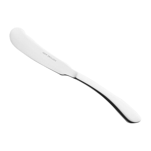 A silver butter knife with a white handle.