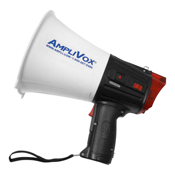 An AmpliVox battery-operated safety strobe megaphone with a black and white design.