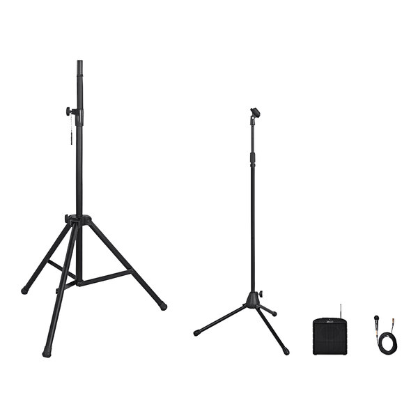 A black AmpliVox speaker on a tripod with a microphone stand and microphone.