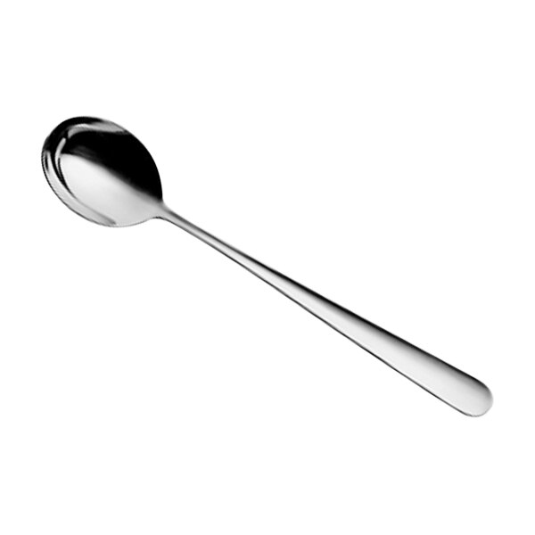A close-up of a Hepp by Bauscher Carlton stainless steel solid serving spoon with a long handle.