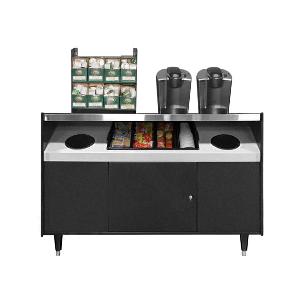 A black coffee stand with a coffee maker and cups on a shelf.