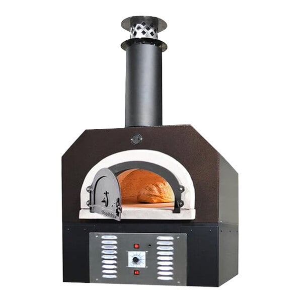 A black and copper Chicago Brick Oven countertop pizza oven with a door open.