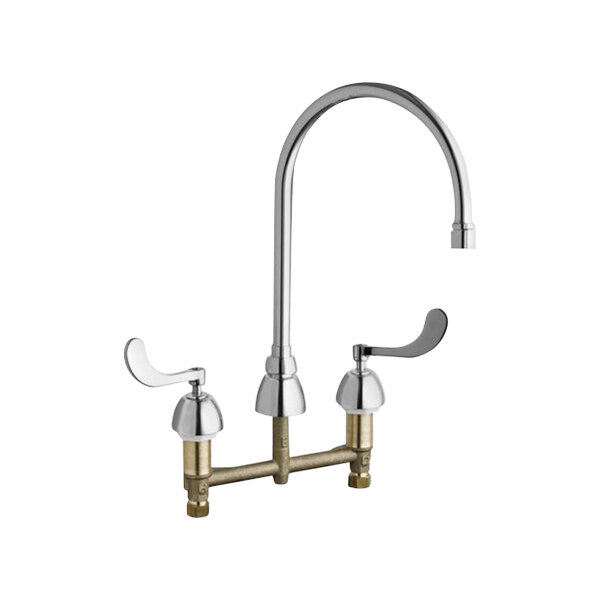 A Chicago Faucets deck-mounted faucet with two handles.