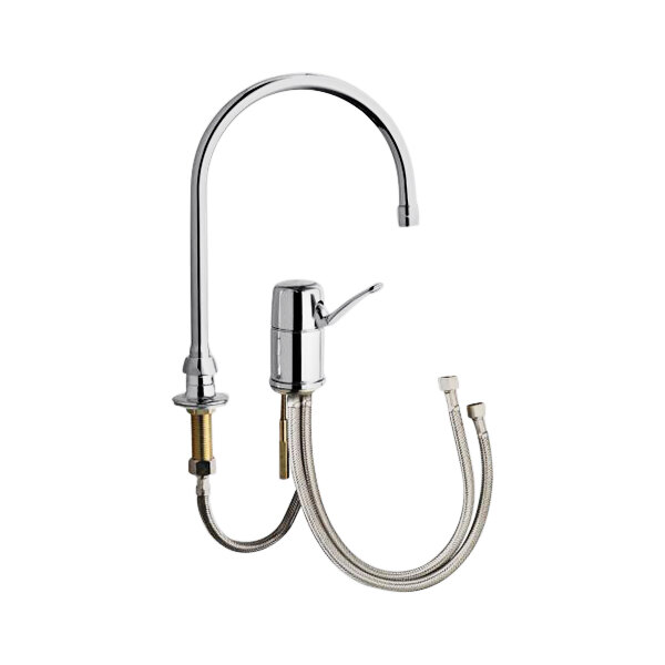 A Chicago Faucets deck-mounted faucet with a gooseneck spout and side valve.