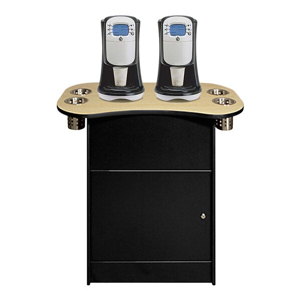 An All State Manufacturing black coffee stand on a counter with two coffee machines on it.