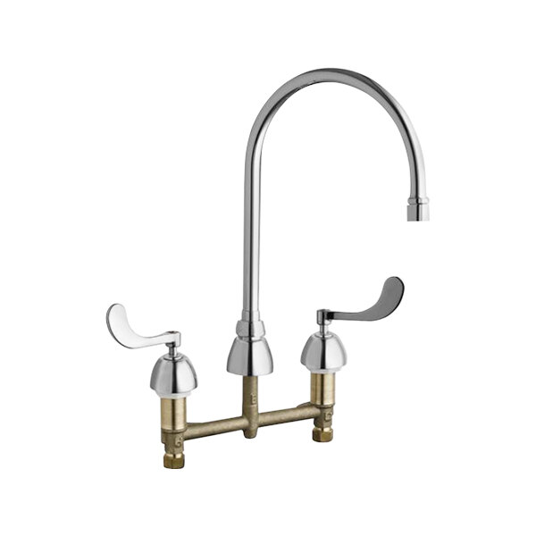 A chrome Chicago Faucets deck-mounted faucet with a swing gooseneck spout and lever handle.