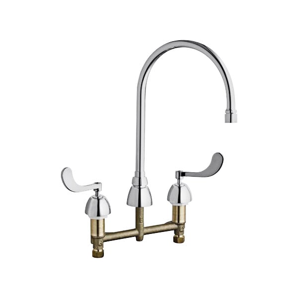 A chrome Chicago Faucets deck-mounted faucet with 8" gooseneck spout and two handles.