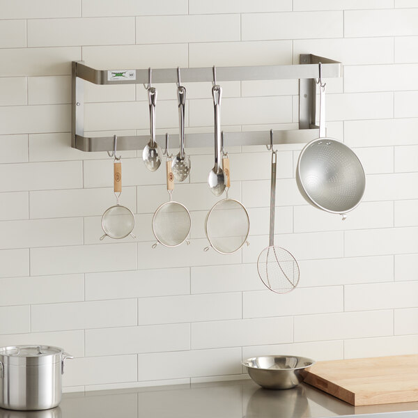 Regency 36" Stainless Steel Wall Mounted Double Line Pot Rack with 18 Galvanized Double Prong Hooks