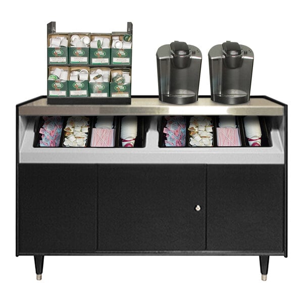 An All State Manufacturing coffee stand with two condiment trays holding coffee cups and lids.