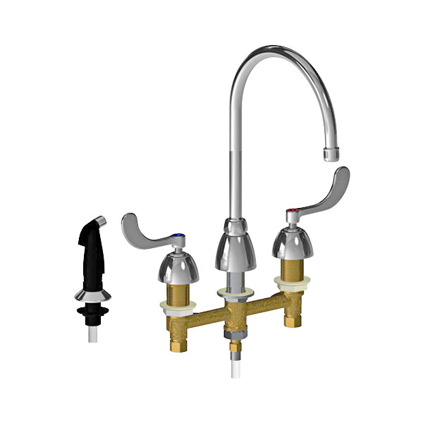 A Chicago Faucets deck-mounted kitchen faucet with two handles, a gooseneck spout, and side spray hose.